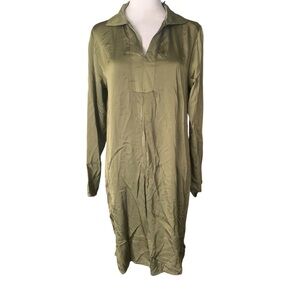 NWT Temp Paris Women’s Small Olive Green Popover Satin V Neck Long Sleeve Dress